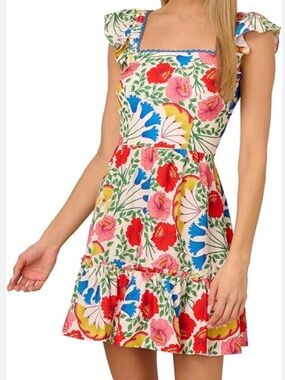 Adrianna Papell White Floral Mini Dress with Red & Blue Blooms